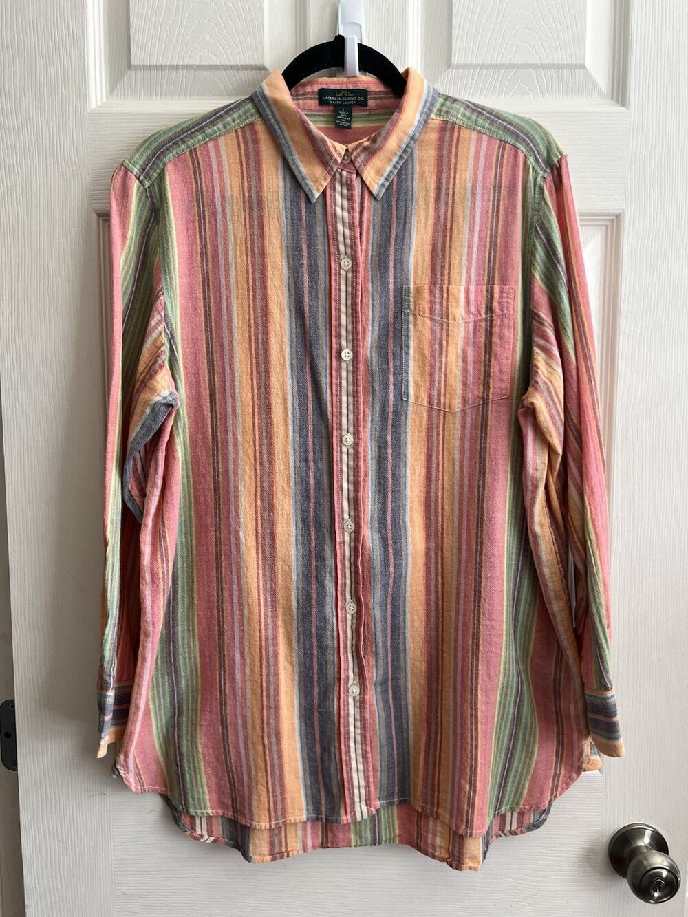RALPH LAUREN JEANS CO. LRL Women's Washed Colored Striped Button Shirt Top Sz L